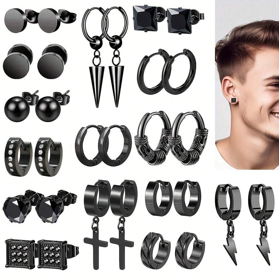 15 Pairs Of Stylish And Gorgeous Stainless Steel Earrings Set, With Multiple Colors And Styles To Choose From, Suitable For Daily Or Party Use, And Can Be Given As Gifts To Friends And Family - Black - View 1