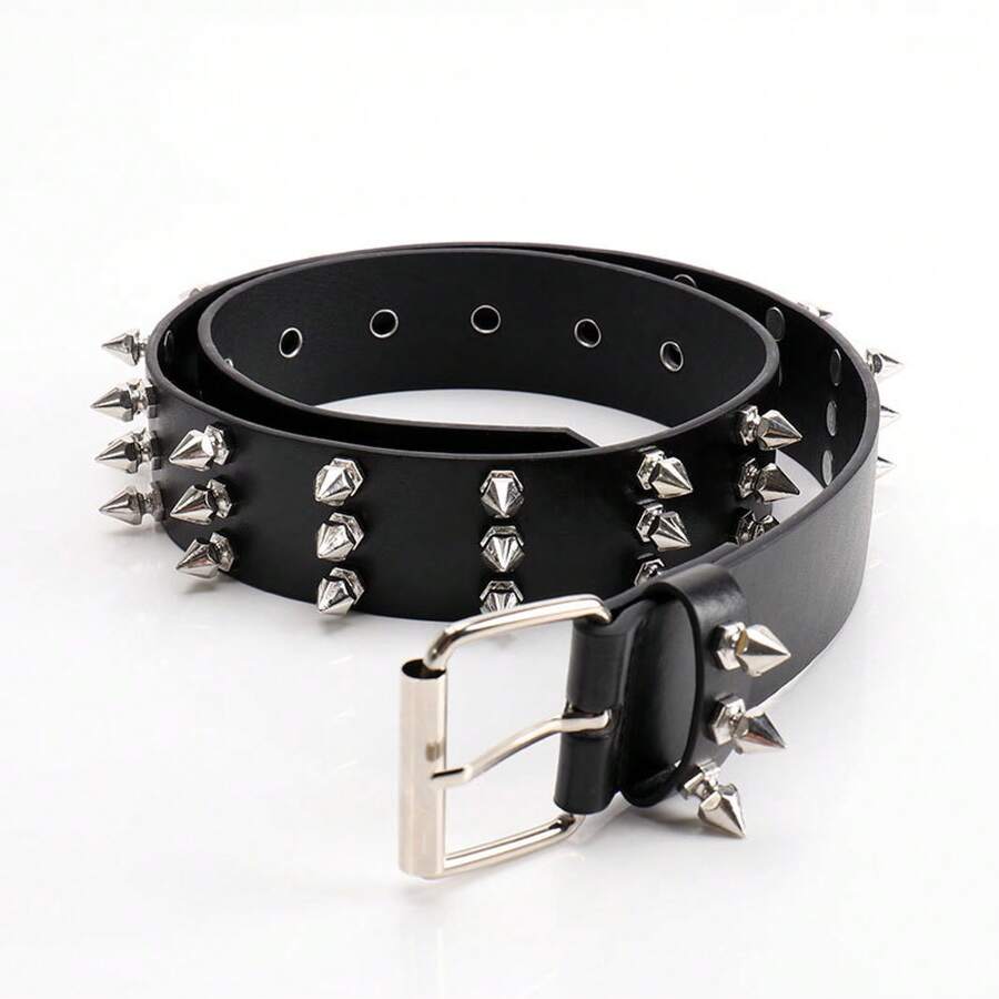1pcs Metal Spike Design Rivet Belt - Niche Y2K Style Belt, Punk Style/Unique Fashion Eye-Catching Item - 黑色 - 查看 1