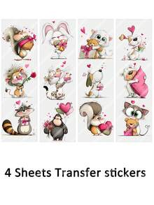 4张可爱动物情人节浪漫爱情DIY UV DTF转印贴纸，适用于工艺品、贺卡、手账、玻璃杯、咖啡杯、杯子、花瓶、笔记本电脑、手机壳、装饰贴纸、插画、剪贴簿、家居装饰，10厘米