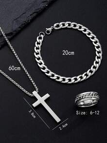 7pcs/Set ,3pcs/Set ,2pcs/Set Men's Cross Pendant Necklace, Hollow Chain Bracelet, And Ring Set, Stainless Steel, Non-Allergenic, Non-Fading, Sports, Business, Luxury Casual Gifts - Multicolor - View 6