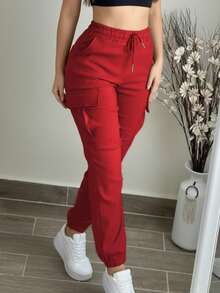 Women's Fashion Elegant Solid Color Casual Pocket Elastic Waist Drawstring Cargo Pants Spring - Red 2 - View 4