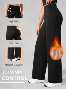 女士高腰阔腿裤，弹力直筒裤，冬季商务工作保暖套装裤，休闲直筒OL百搭裤，宽松保暖内衬休闲裤，适合步行、购物、运动，黑色 - 黑色 - 查看 3