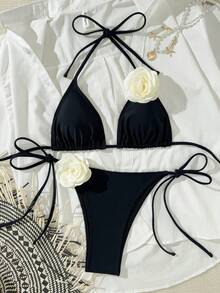 New Floral Embroidered Bikini Set, Halter Neck Sexy Beach Swimwear, 2 Pieces, Spring/Summer - Black - View 1