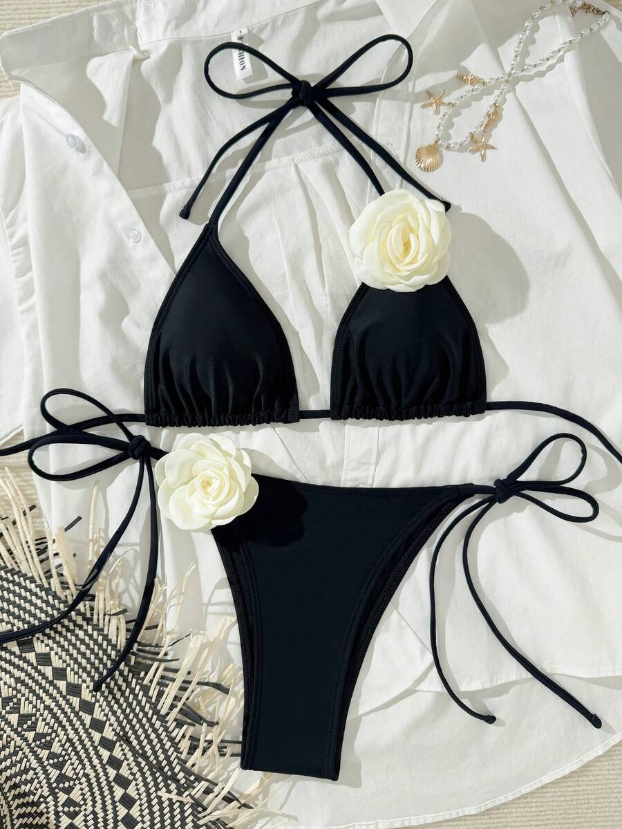 New Floral Embroidered Bikini Set, Halter Neck Sexy Beach Swimwear, 2 Pieces, Spring/Summer - Black - View 1