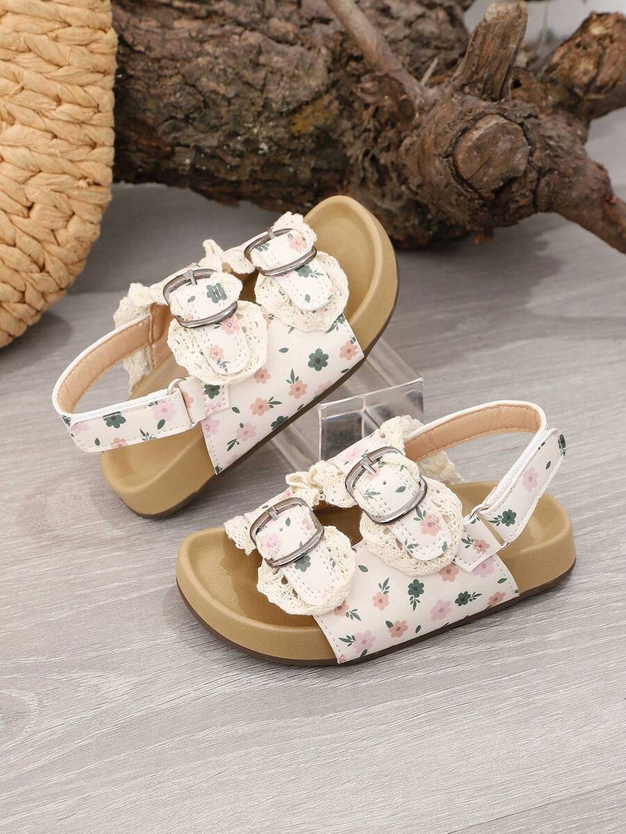 1 Pair Girls' Ditsy Floral Open Toe Beach Sandals, Princess Shoes, Summer - Beige - View 1