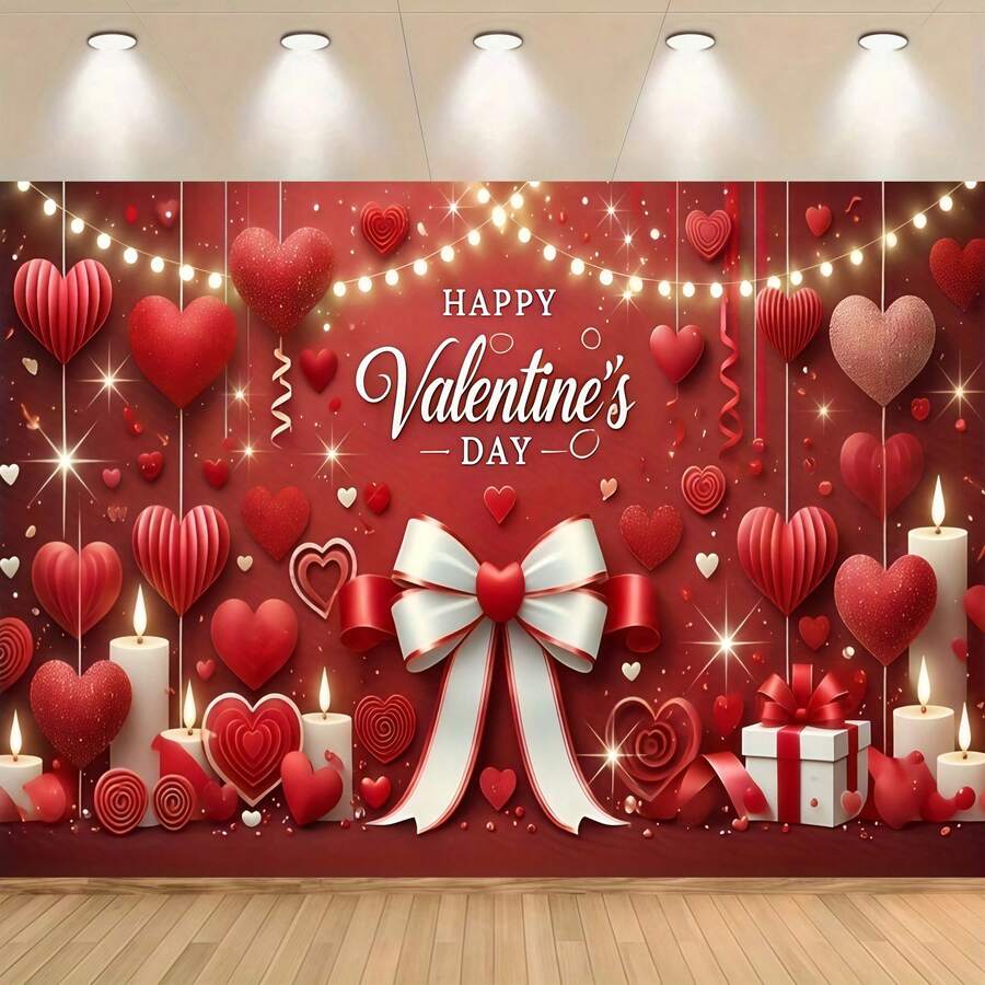 2D扁平化设计情人节装饰，红白背景，饰以“情人节快乐”字样、白色蝴蝶结和红色爱心，礼盒造型，适用于室内/室外派对、婚礼、新娘送礼会、情人节装饰、婚礼背景、节日氛围营造，优雅装饰。 - 彩色 - 查看 1