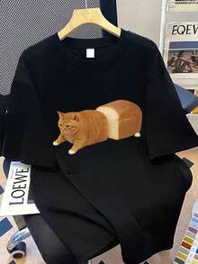 Funny Cat Print Round Neck T-Shirt, Plus Size Women's Summer Round Neck T-Shirt, New Year's Gift, Essential Short Top. Street Style T-Shirt; Mother's Day Gift; Mom Gift; Graduation Short Sleeve Top; Back To School ; Graduation Ceremony; Women's Teacher; Back To School Hoodie Summer . Suitable For Festivals, Daily Wear, Picnics, Holidays, Beaches, Parties, School, Music Festivals, Vacations, Commuting