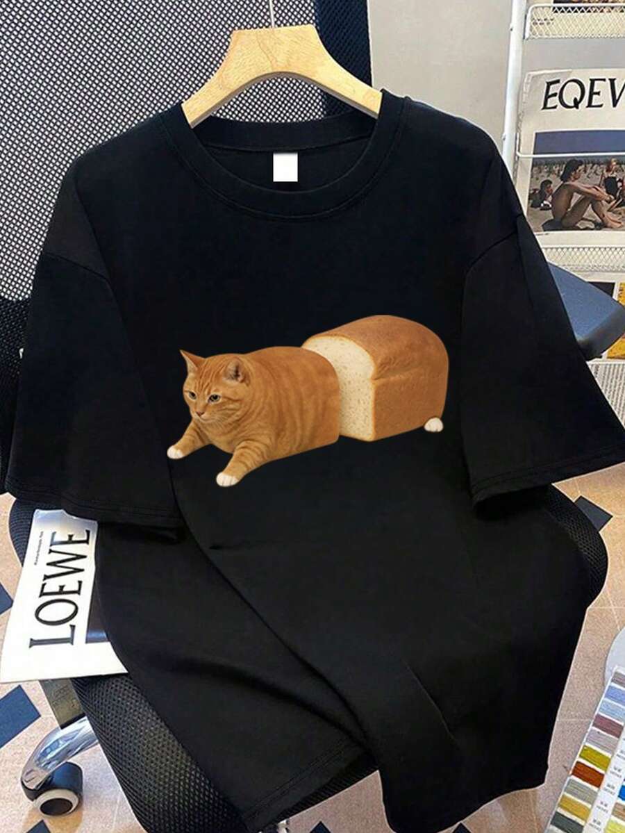 Funny Cat Print Round Neck T-Shirt, Plus Size Women's Summer Round Neck T-Shirt, New Year's Gift, Essential Short Top. Street Style T-Shirt; Mother's Day Gift; Mom Gift; Graduation Short Sleeve Top; Back To School ; Graduation Ceremony; Women's Teacher; Back To School Hoodie Summer . Suitable For Festivals, Daily Wear, Picnics, Holidays, Beaches, Parties, School, Music Festivals, Vacations, Commuting