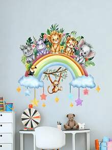 1 pieza Vivos adhesivos de pared de animales africanos - Elefantes, jirafas, leones, cebras y mariposas, leones de dibujos animados lindos, elefantes, tigres, animales del bosque, nubes arcoíris, adhesivos de pared para habitaciones de niños, guarderías, dormitorios, salas de estar, sofás, adhesivos de pared de fondo, adecuados para niños y niñas, dormitorio, sala de estar, decoración de habitación de bebé, hechos de material de vinilo, hermosos y convenientes