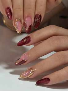 24pcs Asymmetrical Golden Circle & Star Asymmetrical Almond Shaped Press-On Nails Set, Elegant & Casual, Suitable For Graceful Ladies For Daily Life And Shopping - Burgundy - View 1