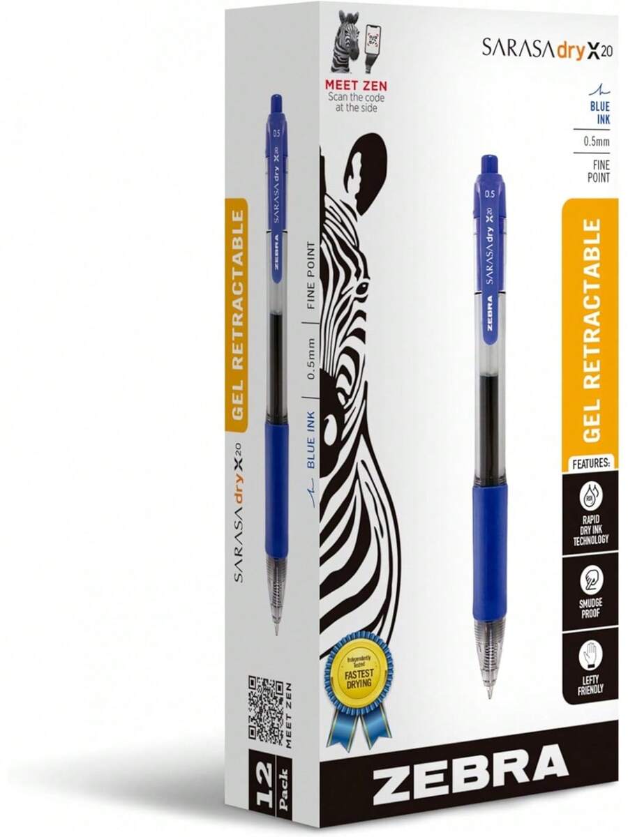 Bolígrafo retráctil de gel de tinta de secado rápido Zebra Sarasa, 0.7mm, azul, paquete de 12 (46820) - Negro - Ver 1