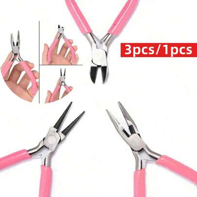 Yiwu Qiyou Accessories Co., LTD Set de 3 piezas de herramientas de alicates para joyería en color rosa, incluye alicates de punta de aguja, cortadores de alambre redondos y alicates de nariz curva, adecuados para la fabricación de joyas, reparación de cuentas y varios usos, herramientas multifuncionales, esenciales para el hogar