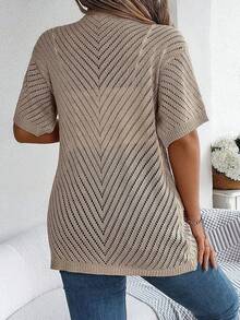 Plus Size Hollow Out Knit Short Sleeve Cardigan, Suitable For Casual Spring/Summer Style - Khaki - View 2
