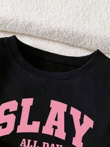 女童字母印花圆领短袖上衣和裙子套装 - 黑色 - 查看 3