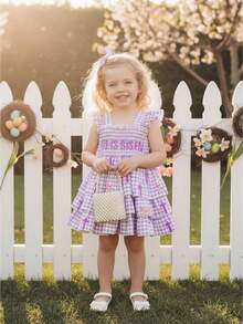 Toddler Baby Girl Easter Dress Smocked Embroidery Cross Bow Plaid Tiered Party Dresses Cute Summer Clothes - Purple - View 5
