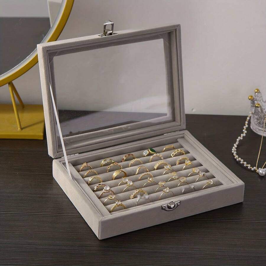 1 organisateur de bijoux avec couvercle transparent pour femmes - organisateur de bagues, boucles d'oreilles et bracelets avec couvercle transparent et support de table rembourré. Un coffret à bijoux en velours de luxe pour ranger élégamment les bagues et les boucles d'oreilles, décoration de la pièce