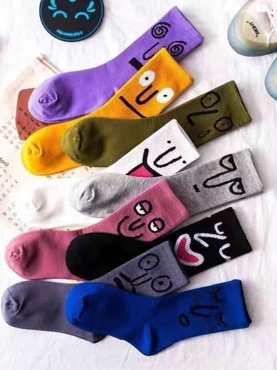 10 Pairs Funny Expression Crew Socks, Cartoon High Waist Long Socks For Men And Women, Spring/Autumn - Multicolor - View 1