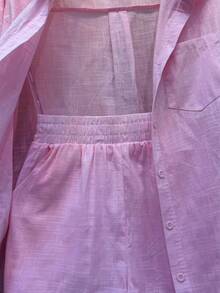 Two-Piece Linen Shirt And Shorts Set, Lined With Elastic. Summer Vacation: Perfect For Celebrating Christmas, New Year's Eve And New Year In Brazil! - 淺粉色 - 查看 2