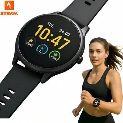 Relógio Smartwatch Feminino Redondo Strava Corrida Fitness Preto Espacial - Blue Silicone Preto Preto