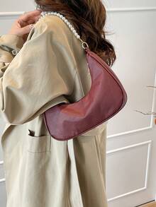 Fashionable Pearl Chain Crescent Shoulder Bag, Stylish Shoulder Baguette Bag, Handheld Small Bag, Outdoor Casual Bag, Versatile Commuter Bag - Red - View 8