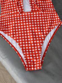 PEPPERMOLLY 2026 Spring/Summer New Vintage Red Plaid Lace-Up One-Piece Swimsuit - Ruched Bust Design, Sexy Fitted, Suitable For Beach And Pool Wear - Red - View 11