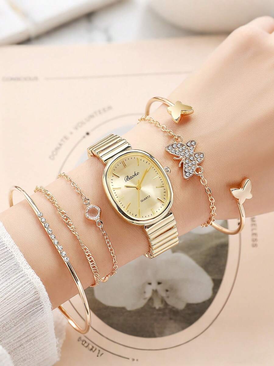 6pcs/Set"Women's Oval Gold Watch & Butterfly Bracelet Set: Sweet & Luxurious Quartz Watch Combo. Ideal For Gifting On Occasions Like Valentine's Day And Christmas (No Gift Box Included) - Gold - View 1