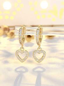 1 Pair Fashionable Rhinestone Heart Stud Earrings For Girls, Lightweight Luxury Everyday Earrings - Multicolor - View 2