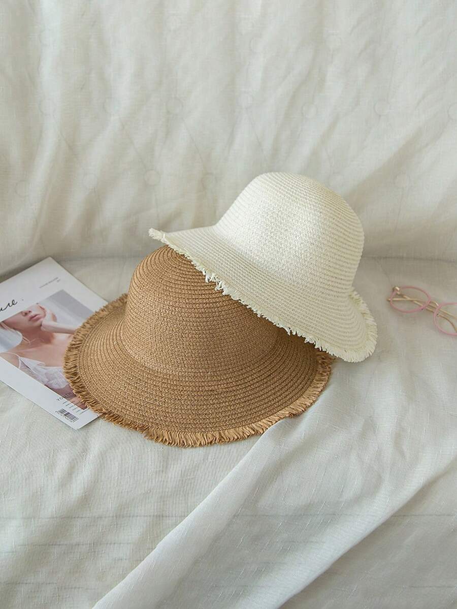 1pc Women's Foldable Wide Brim Fringe Breathable Ditsy Floral Sun Hat, Summer Beach Bucket Hat - Straw - View 1