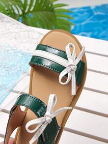 小女孩深绿色蝴蝶结舒适平底凉鞋露趾夏季鞋 - 綠色 - 查看 6