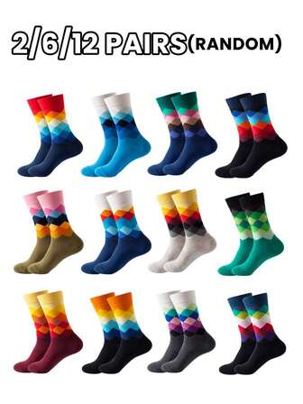 2/6/12 par slumpmässiga, moderiktiga, kreativa AB-strumpor med asymmetriska höga toppar och mönster på tecknade djur, verktyg och karaktärer