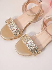 New Arrival! Girls' Gold Sequin High Heel Sandals, Transparent Square Heel Princess Shoes, Non-Slip Strap - Gold - View 7