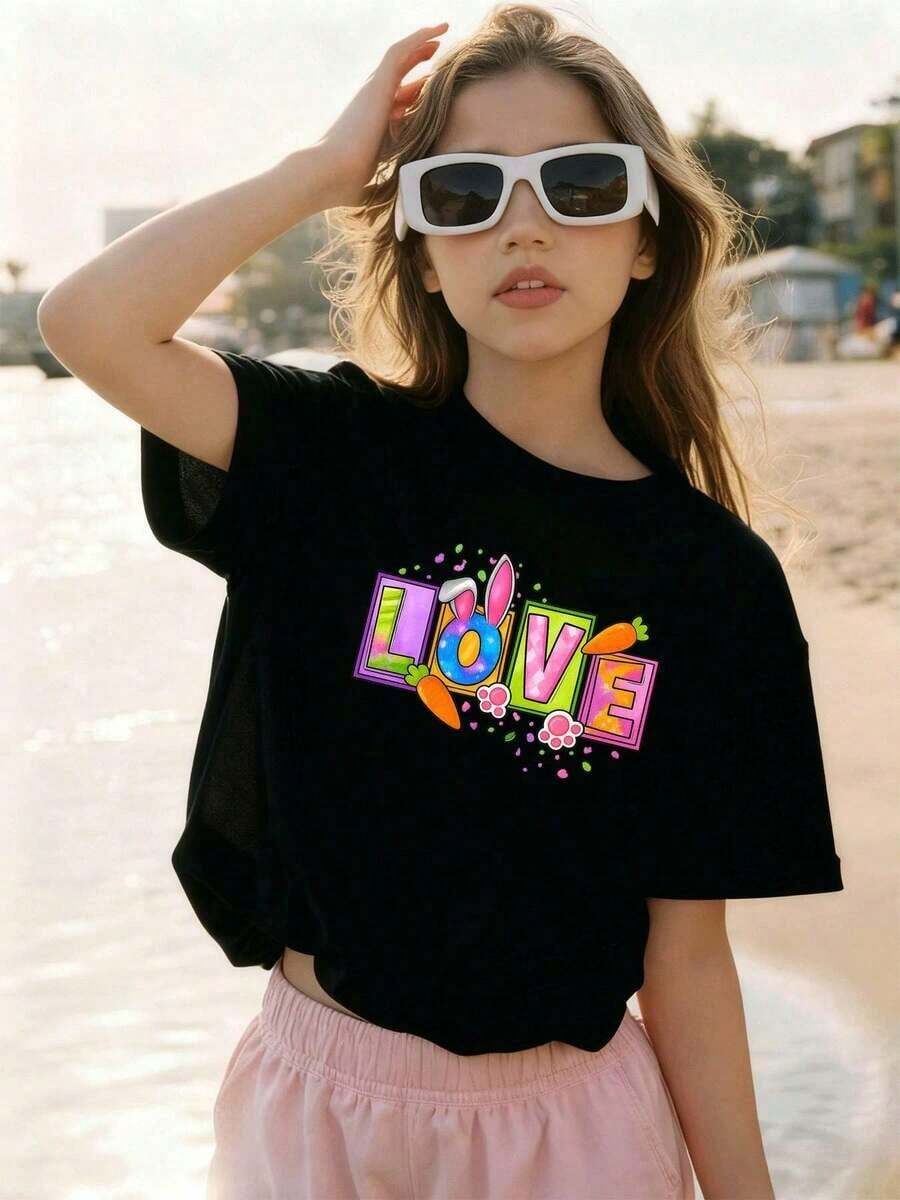 Camiseta gráfica con conejito para ni?as, mezcla de algodón de primera calidad, fácil cuidado, corte ajustado, moderna, para uso diario. - Negro - Ver 1