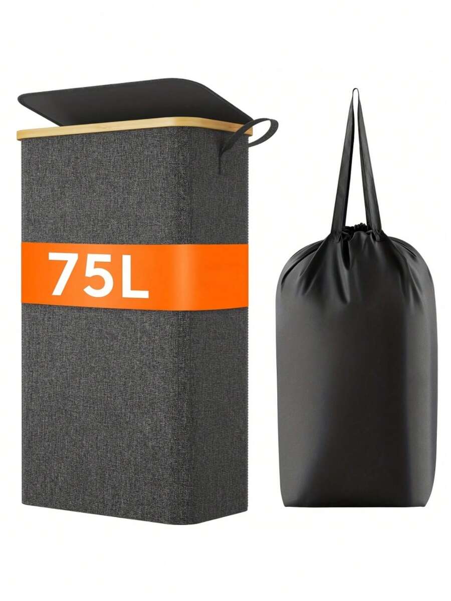 1个65升/75升可折叠阳离子织物洗衣篮（竹制提手），独立式纯色带盖脏衣篮，多功能家用收纳篮 - 配有可拆卸洗衣袋，可收纳于角落，节省空间 - 适用于卧室、浴室、宿舍、洗衣房、客厅等多种场景 - 彩色 - 查看 1