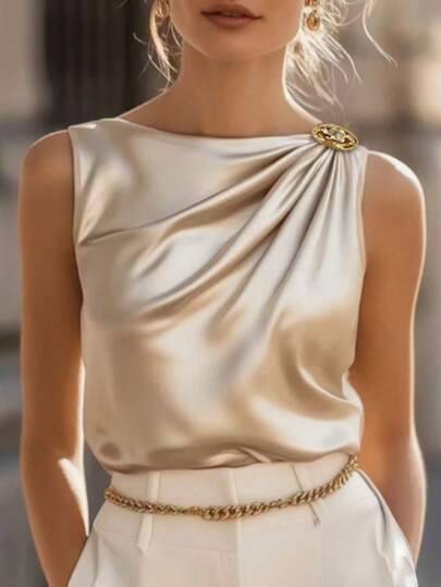 Women's Elegant Sleeveless Blouse - Fashionable Formal And Casual Top, Round Neck Non-Sheer For Party, Office, Leisure Wear - Versatile Women's Top, Refined Style, Fashionable Craftsmanship, Decorative Design