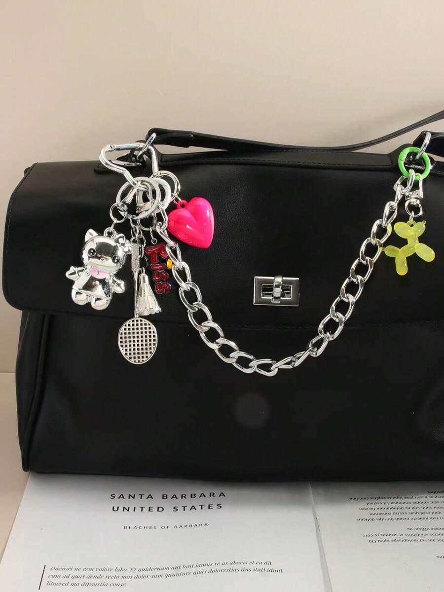 新款可爱卡通猫咪链条包挂件爱心羽毛球钥匙扣气球狗双环吊坠包包配饰泰迪熊可爱 - 彩色 - 查看 1