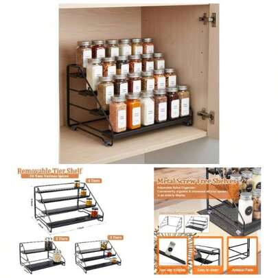 4 Tier Spice Rack Organizer Cabinet, Step Adjustable Spice Shelf Seasoning Organizer With Non Slip Tiers, Expandable Metal Spice Rack Kitchen Countertop, Pantry, Cupboard U2013 Black