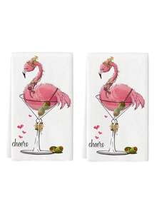 2Pcs Microfiber Cute Tea Towel Pink Flamingo Martini Glass Cheers Pattern Hand Towels For Coffee Bar & Everyday Use - Rose Red - View 9