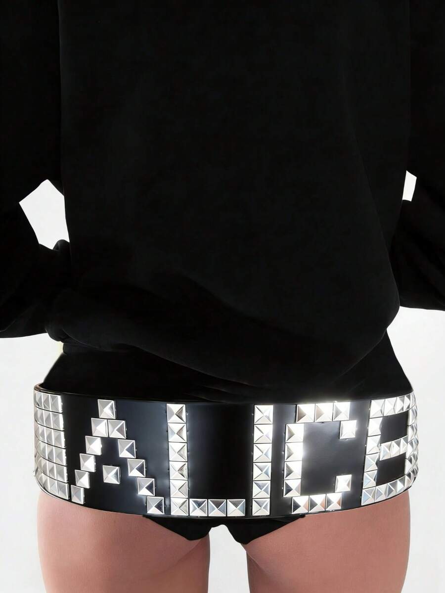 1pc ALICE Black Heavy Rivet Oversized Rivet Belt, Versatile Cyberpunk Dark Style PU Waist Belt, Suitable For Street Photography, Holidays, Travel And Daily Use