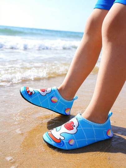 Kids Water Shoes For Boys & Girls Toddler Cartoon Duck With Lifebuoy Print Blue Quick Dry Anti-Slip Aqua Socks For Beach Pool Water Activities