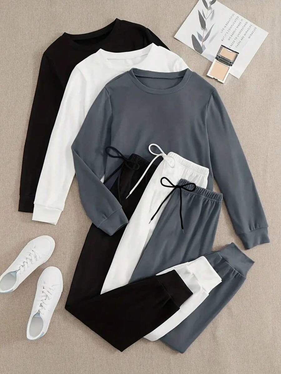 女士三件套睡衣：长袖圆领上衣和舒适抽绳长裤 - 易于打理，针织面料，适合春、秋、冬三季户外穿着，是舒适夜晚和休闲日的理想之选。 - 彩色 - 查看 1