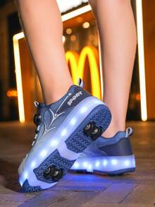 Kids' 4-Wheel Roller Skate Shoes, Children's Breathable Mesh Roller Sneakers, Lightweight Durable Wheels, Fashionable Rotating Button Adjustable LED Light-Up Shoes, USB Rechargeable, Wheels Removable, 2-In-1 Roller Skates & Sneakers