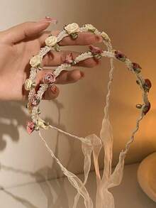 1 pièce Bandeau à fleurs pour femme, coiffe de fleur de camélia douce, bandeau de mariée avec nouvelle perle, style princesse polyvalent avec imprimé floral papillon, serre-tête, cercle de cheveux - Multicolore - Voir 5