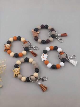 1 Piece/6 Pieces Cartoon Animal Brown Bull Head Silicone Bead Bracelet Keychain Pendant Women's Western Retro Tassel Wristband Key Ring Accessory Gift, Suitable For Both Men And Women, Perfect For Giving To Friends, Relatives, And Loved Ones.