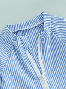 Infant Baby Boy Rash Guard Swimsuit Summer Spring Striped Long Sleeve Swimwear Zip Up Front Bathing Suit With Sun Hat - Màu xanh lam - Xem 3