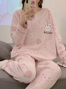 2pcs Women Pajama Set, T-Shirt With Cute Rabbit & Peach Print, Pants With Cute Rabbit & Peach Print, Long Sleeve, Round Neck, Comfortable Sleepwear Suitable For Spring, Summer, Autumn, Winter, Can Be Worn Outdoors, New Design - Pink - View 5