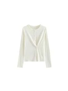 Thin Long Sleeve Undershirt Women, New Design Oblique Button Niche T-Shirt - White - View 5