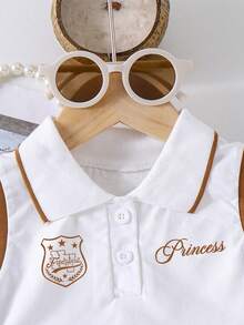 Tween Girl Letter Print Polo Collar Tank Top And Pleated Mini Skirt Set - White - View 3