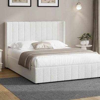 Double Bed Frame Gas Lift Mattress Platform Boucle Fabric Bed White