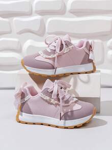 1 Pair Toddler Boys' Color Block PU Hook And Loop Bow Design Flat Casual Cute Sports Shoes, Suitable For Spring And Autumn - Pink - View 1