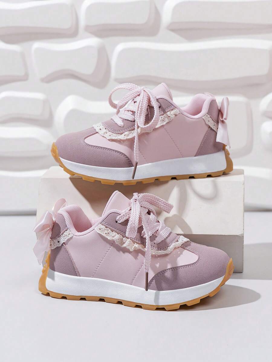 1 Pair Toddler Boys' Color Block PU Hook And Loop Bow Design Flat Casual Cute Sports Shoes, Suitable For Spring And Autumn - Pink - View 1